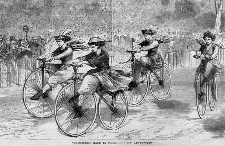 Women in an early velocipede rac, portrayed as masculine-looking, Harpers 1869