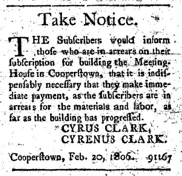 A historical notice concerning outstanding payments for building the meeting house in Cooperstown, dated February 20, 1806, signed by Cyrus Clark.