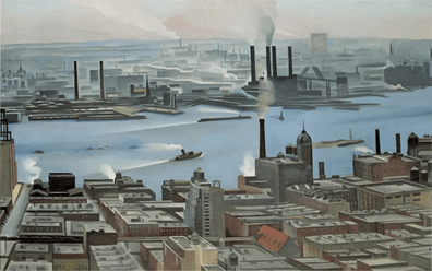 Aerial view of an industrial cityscape with factories, smoke stacks, and ships on the river, illustrating the heavy industrialization of the area.