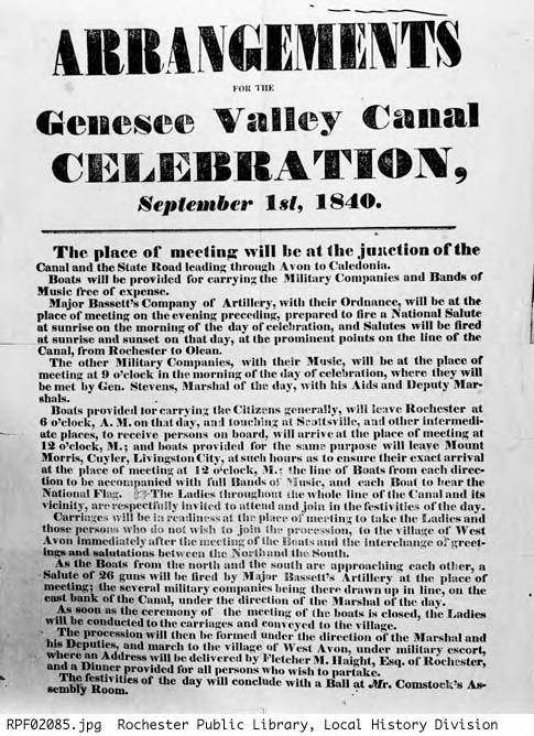 Historical poster announcing the arrangements for the Genesee Valley Canal Celebration scheduled on September 1, 1840, detailing meeting place and activities.