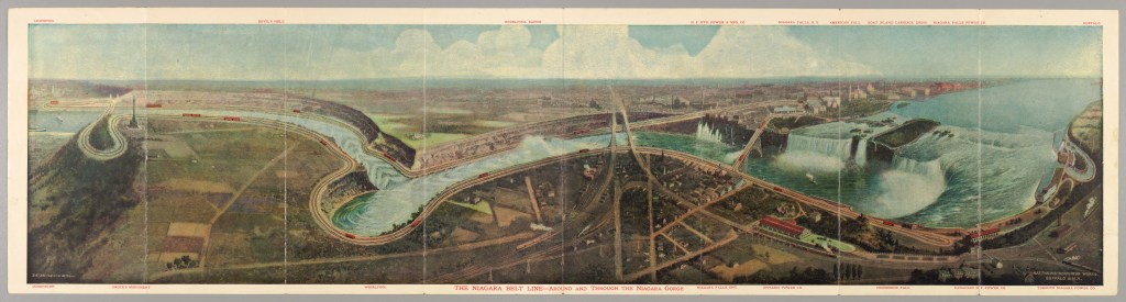 A vintage panoramic map depicting the Niagara River and surrounding landscape, showcasing the terrain and features near Niagara Falls, including the river's curves and nearby railroads.