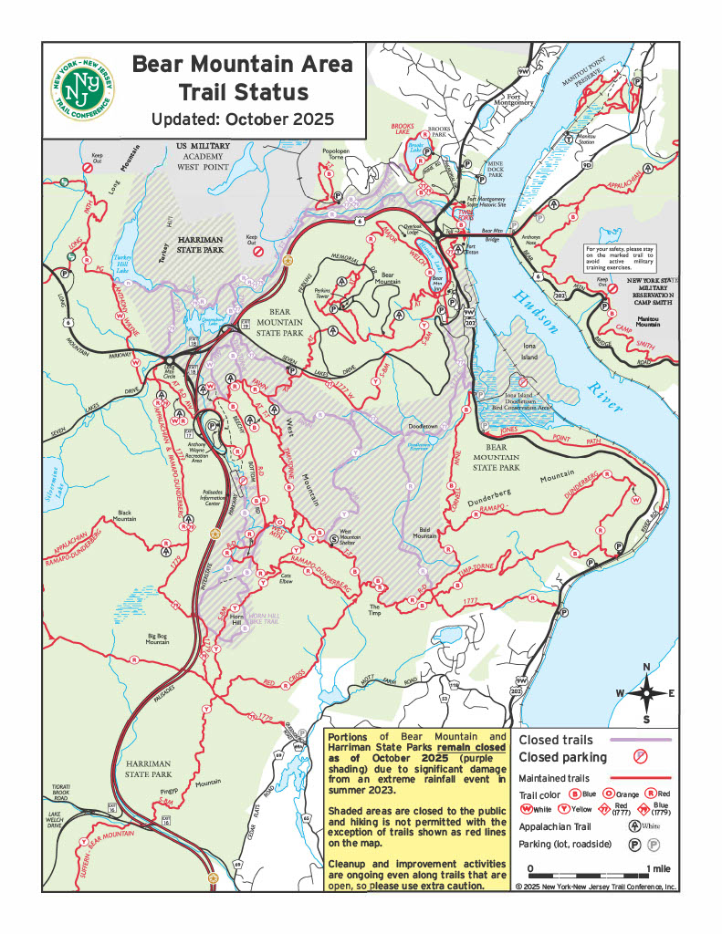 Map of Bear Mountain Area showing trail statuses including closed trails and parking as of October 2025.