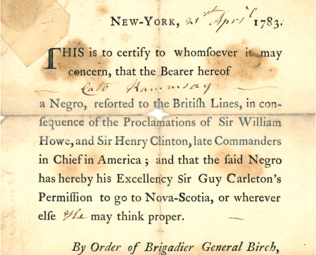 A historical document dated April 21, 1783, certifying the permission for a man named Cato, described as a Negro, to travel to Nova Scotia, endorsed by Brigadier General Birch.