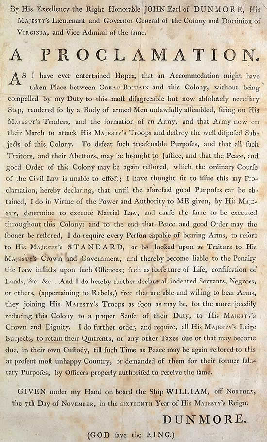 A historical proclamation by John Earl of Dunmore, Governor of Virginia, declaring martial law and requiring able-bodied individuals to bear arms for the Crown, dated November 7th, year unspecified.