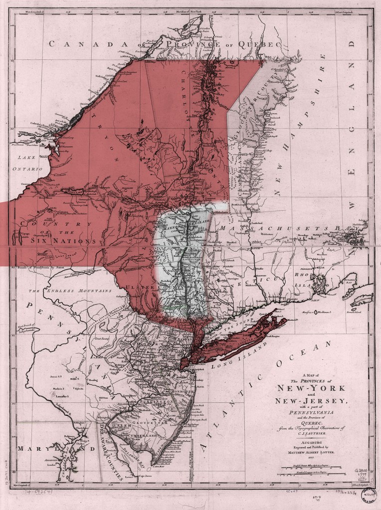 Historical map showing New York, New Jersey, and parts of Pennsylvania, with shaded regions indicating borders and geographical features.